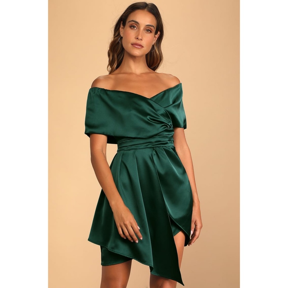 NWOT Lulus Always Celebrating Dark Green Satin Off-the-Shoulder Mini Dress